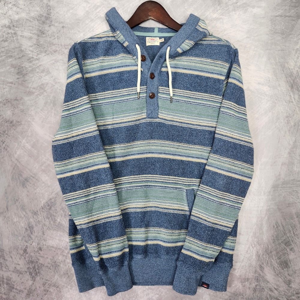 Faherty Oasis Striped Baja Knit Hoodie Organic Cotton Jacquard Sweater Medium
